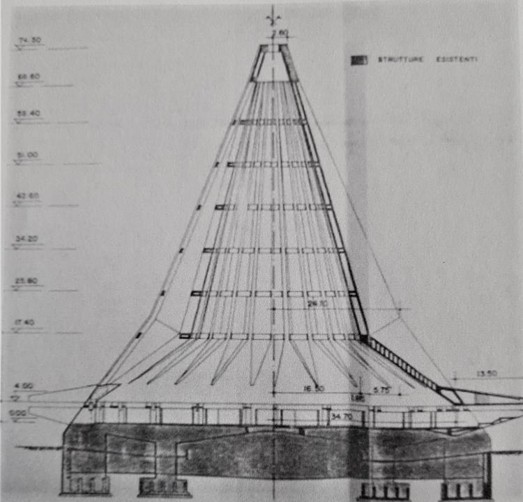 Michel Andrault e Pierre Parat, sezione verticale del complesso con indicazione delle quote, 1987  (archivio del Genio Civile di Siracusa) 